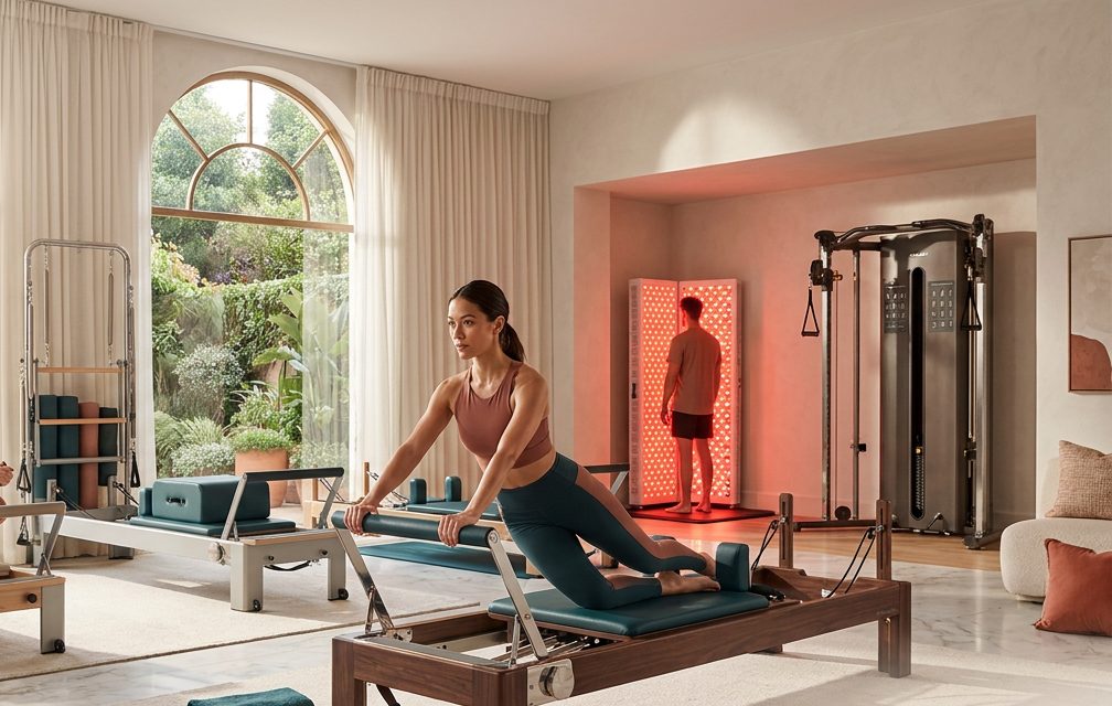 Home studio with Pilates reformers, a red light therapy panel and a functional trainer